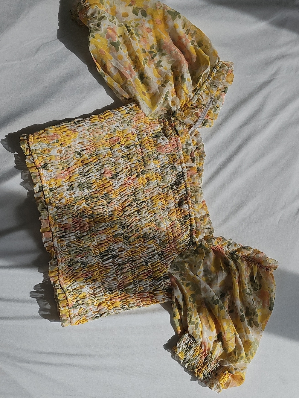 ASTR Floral Smocked Crop Top in Yellow and Cream